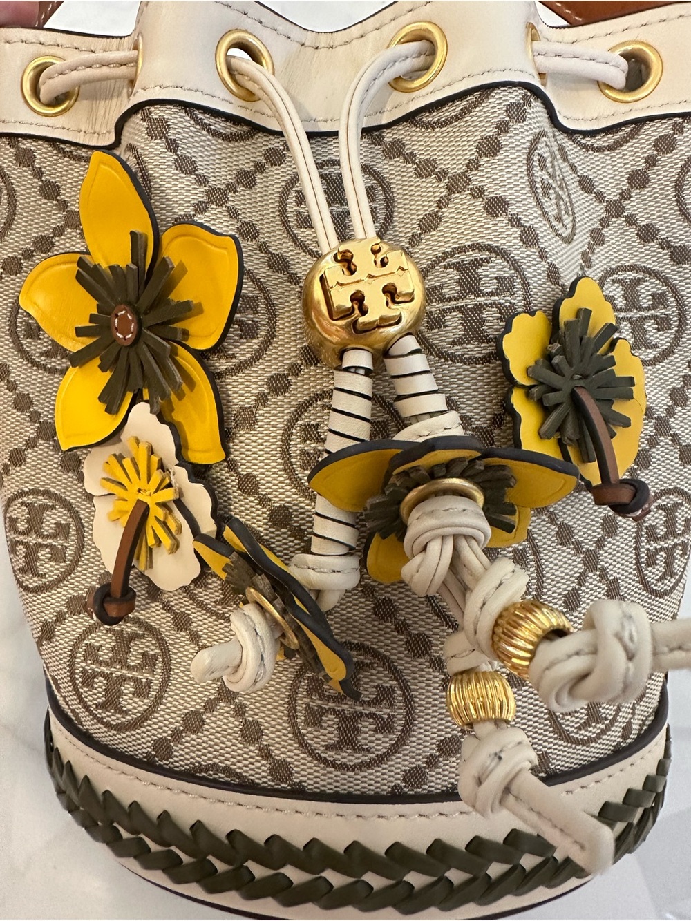 Tory Burch T Monogram Braided Floral Mini Bucket Bag - Picture 6 of 16